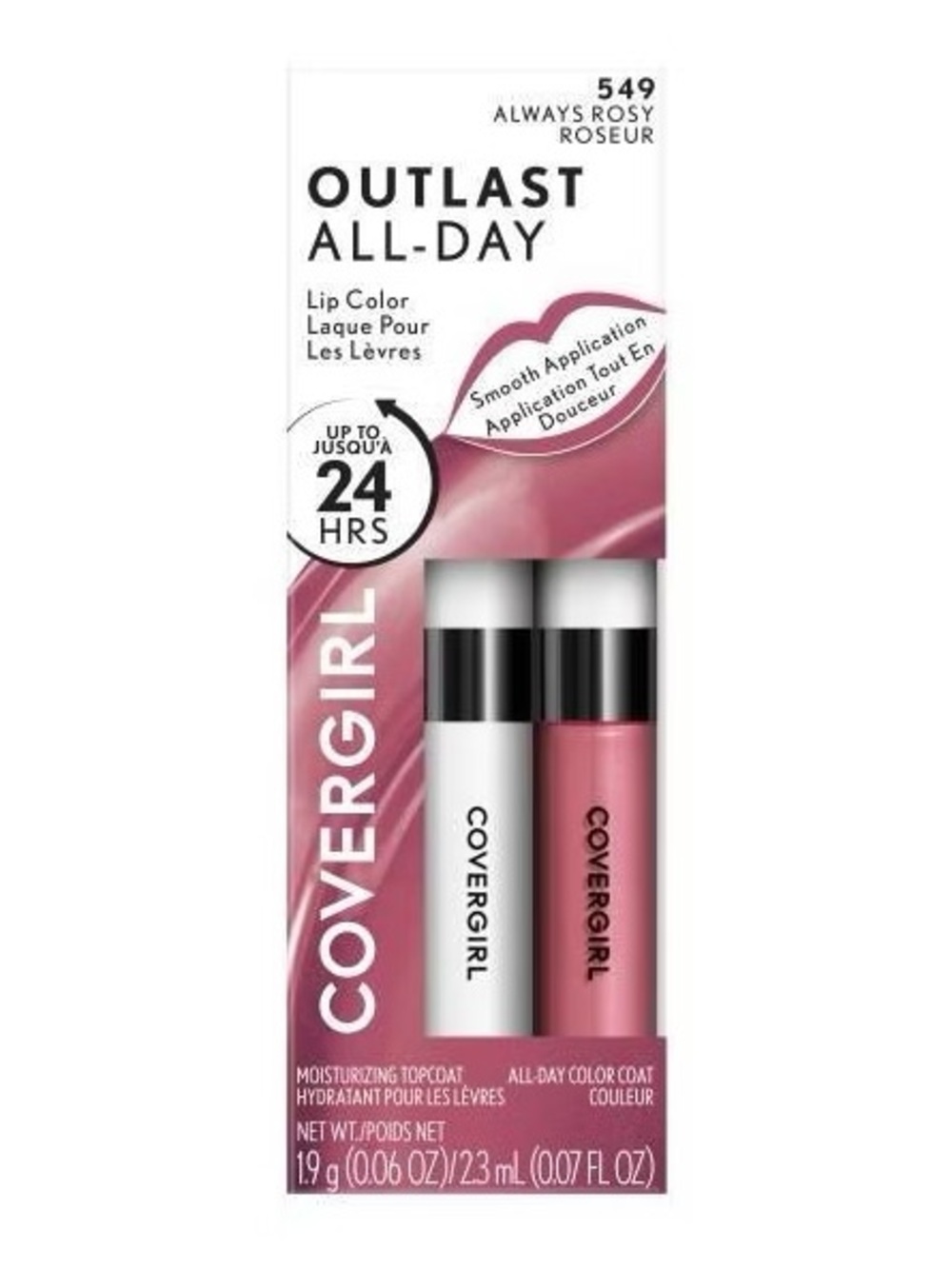 COVERGIRL Outlast All-Day Lip Color With Topcoat - Always Rosy 549, NEW